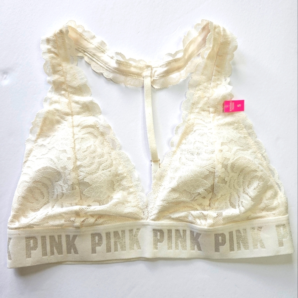 PINK by Victoria's Secret Lace Plunge Bralette Racerback Size Small Bridal